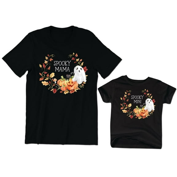 Spooky Mama Women's T-Shirt Halloween Ghost Pumpkin Graphic Tee Spooky Mini Kids Toddler Shirt Baby Bodysuit Family Matching Mommy Daughter Son Outfits