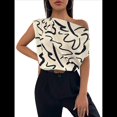 thumbnail image 2 of Blusa de Mujer con Cuello Asimétrico Estampado y Fruncido, Elegante, para Oficina y Trabajo Albaricoque M, 2 of 8
