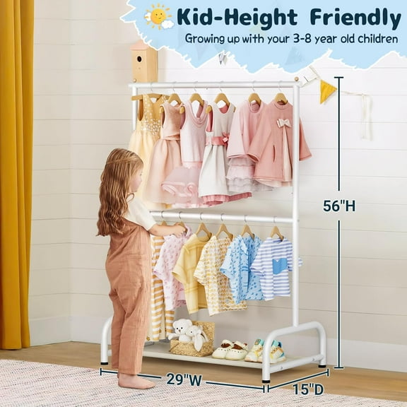 Double Rod Kids Clothing Rack with Bottom Shelf, Metal Garment Organizer for Shirts, Dance Costumes, and Baby Clothes (White)