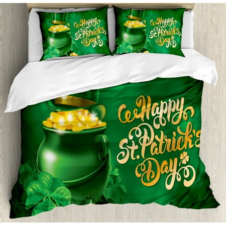 St. Patrick's Day King Size Duvet Cover Set, Large Pot of Gold Leprechaun Hat and Shamrocks Greetings 17th March, Decorative 3 Piece Bedding Set with 2 Pillow Shams, Gold and Emerald, by