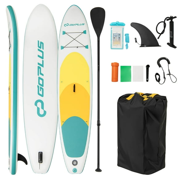 Goplus Planche à Pagaie Gonflable 11 Pieds avec Accessoires, Pompe Manuelle pour Pagaie, Trousse de Réparation, Jaune