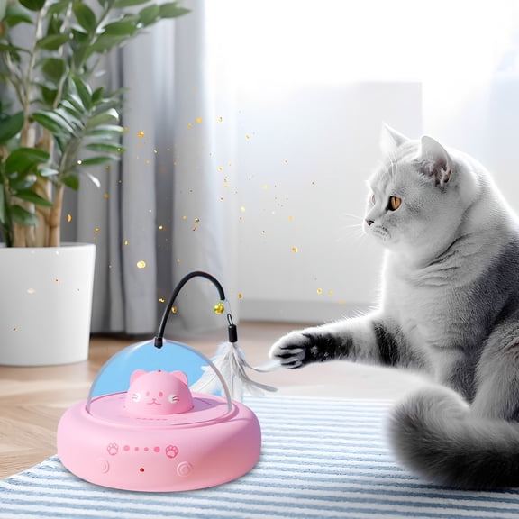 POLISE Spaces Automatic Interactive Cat Toy with Feather Teaser Stick and Elastic Rod, Intelligent Motion Pet Toy with Sound and Visual Stimulation for Indoor Play
