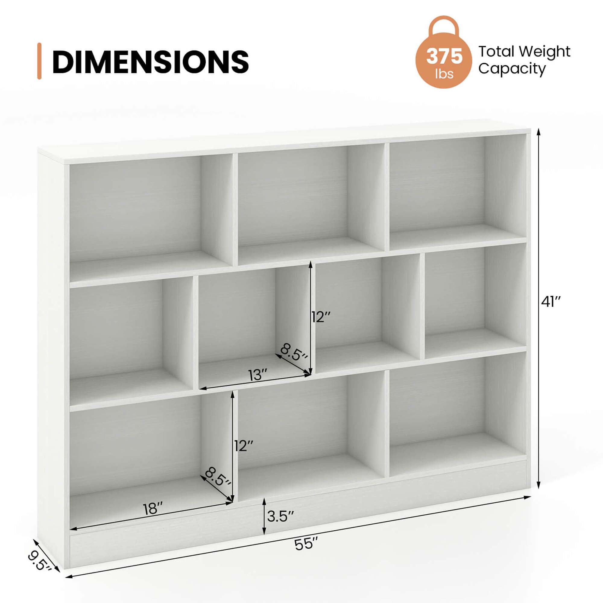 Costway 10-Cube Bookcase 41" Wooden Toy Storage Organizer for Kids Bookshelf White