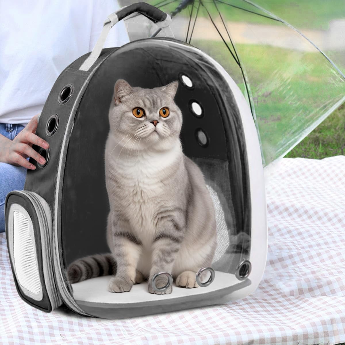 DENZUS Bubble Expandable & Foldable Cat Backpack Carrier, Breathable Pet Backpack for Large Cats, Designed for Hiking, Travelling, Camping