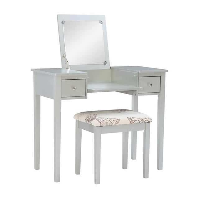 Pemberly Row Wood Vanity & Padded Seat Stool Flip Up Mirror Storage in Silver