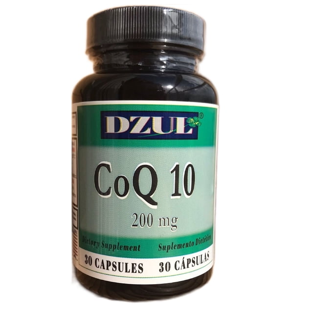 coq10 200 mg, alta absorción coenzima. 30 cápsulas/ tratamiento para 1 mes Frasco frontal marca DZUL con etiqueta verde y blanca que muestra 'CoQ10 200 mg' y '30 cápsulas', botella plástica oscura con tapa negra sobre fondo claro; la etiqueta indica función antioxidante y dosis recomendada de una cápsula diaria. Adecuado para incorporación a una rutina diaria de suplementos.