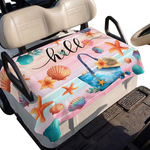 Golf Cart Seat Cover Summer Beach Hat Tote Bag Club Car Golf Cart Seat Covers Soft Absorbent Golfcart Towel Starfish Shell Stripes Hello Golf Seat Covers for Cart Fits 2 & 4 Passenger 51"x31"