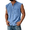 thumbnail image 2 of Nestiefly Mens Sleeveless Shirts Summer Distressed Washed Tank Tops Henley Button Up V Neck Shirts Vintage Solid Tee Top Blue M, 2 of 6