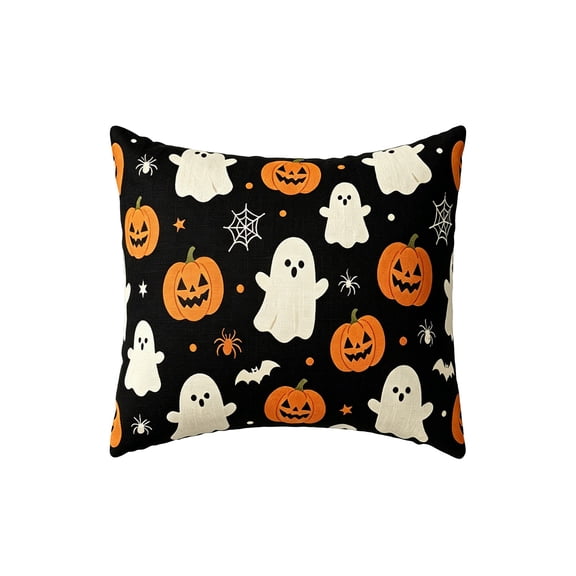 Sulaicai Halloween Pillow Cover 18x18 Inch, Cute Ghost Pumpkin Linen Pillowcase Holiday Farmhouse Throw Pillow Case for Couch Bed Sofa Chair Living Room Indoor Outdoor Decor