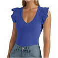 thumbnail image 2 of Camisetas para mujer,Camiseta vintage de cuello en V para mujer, color liso, dobladillo doble, 95 % poliéster, 5 % elastano, ropa informal, sopatenor, 2 of 7