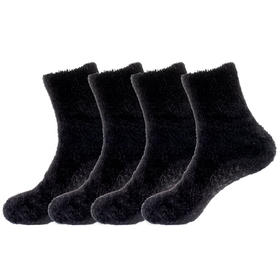BambooMN Men's Feather Light Fuzzy Socks With Non-Slip Grips - Black - XL - 4 Pairs