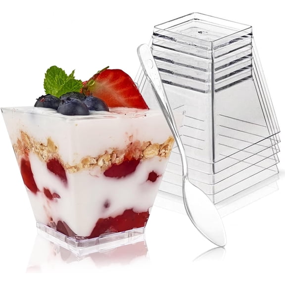 30 Pack 3.5 oz Square Dessert Cups with Spoons, Mini Plastic Parfait Appetizer Cups, Clear Reusable Small Shooter Cups, Serving Bowls for Tasting Party Samples Dessert Shot Glasses