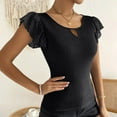 thumbnail image 3 of TKLPEHG Womens Summer Tops Crew Neck Ruffle Sleeve Elegant Shirt Lightweight Short Sleeve T Shirt Fashion Comfy Solid Color Loose Casual Blouses (Black,L), 3 of 7