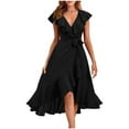 thumbnail image 2 of Abtuhar Womens Plus Size Summer Dresses ,Womens Dresses Trendy,Women's Summer Solid Color Short-sleeved V-neck Waistline Hem Dress, 2 of 4
