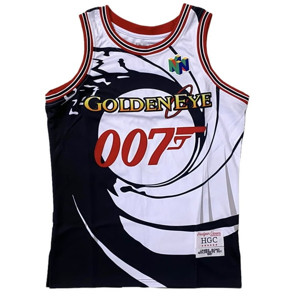 James Bond 007 Golden Eye Men's Headgear Classics Embroidered Basketball Jersey (Small, White/Black)