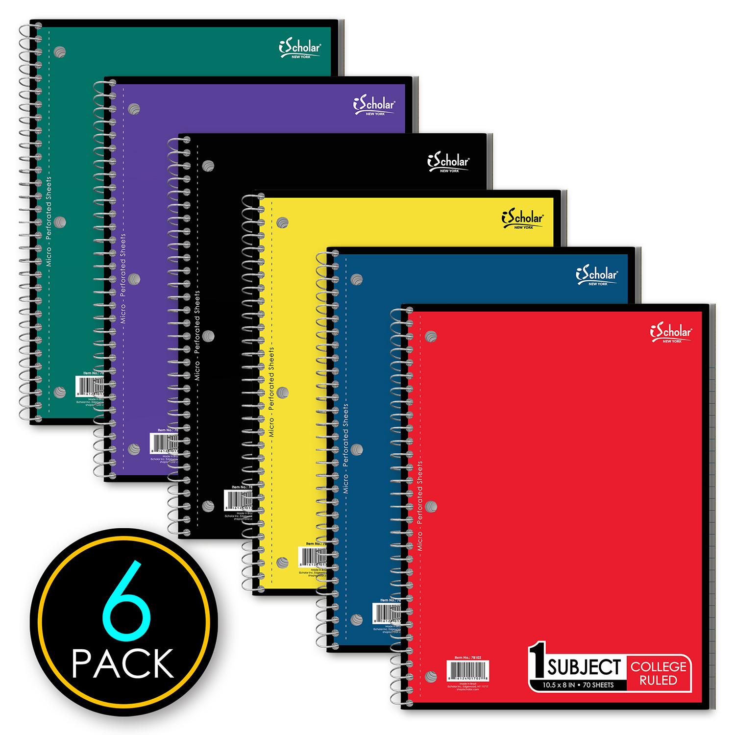 iScholar 6 Pack 1 Subject Notebook, 10.5' x 8', College Rule, 70 Sheets, Assorted Colors (78102-6)