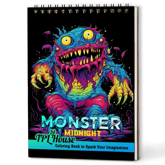TPLHOUSE Midnight Monster Coloring Book Spiral Bound for Adults, A5 Wooden Cover, 30 Creepy Mini-Monsters Coloring Pages Stress Relief and Relaxation
