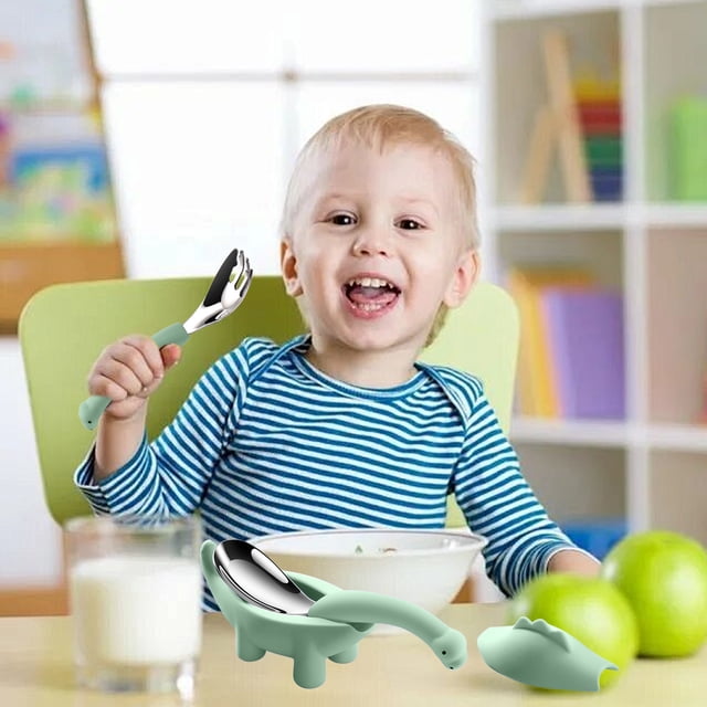 Uklsqma Dinosaur Rice Spoon Stainless Steel with Silicone Handle | Kids Flatware Toy Spoon for Fruit Cheese Appetizers | Dishwasher Safe Small Spoon Gift Box for Children Birthdays Holidays