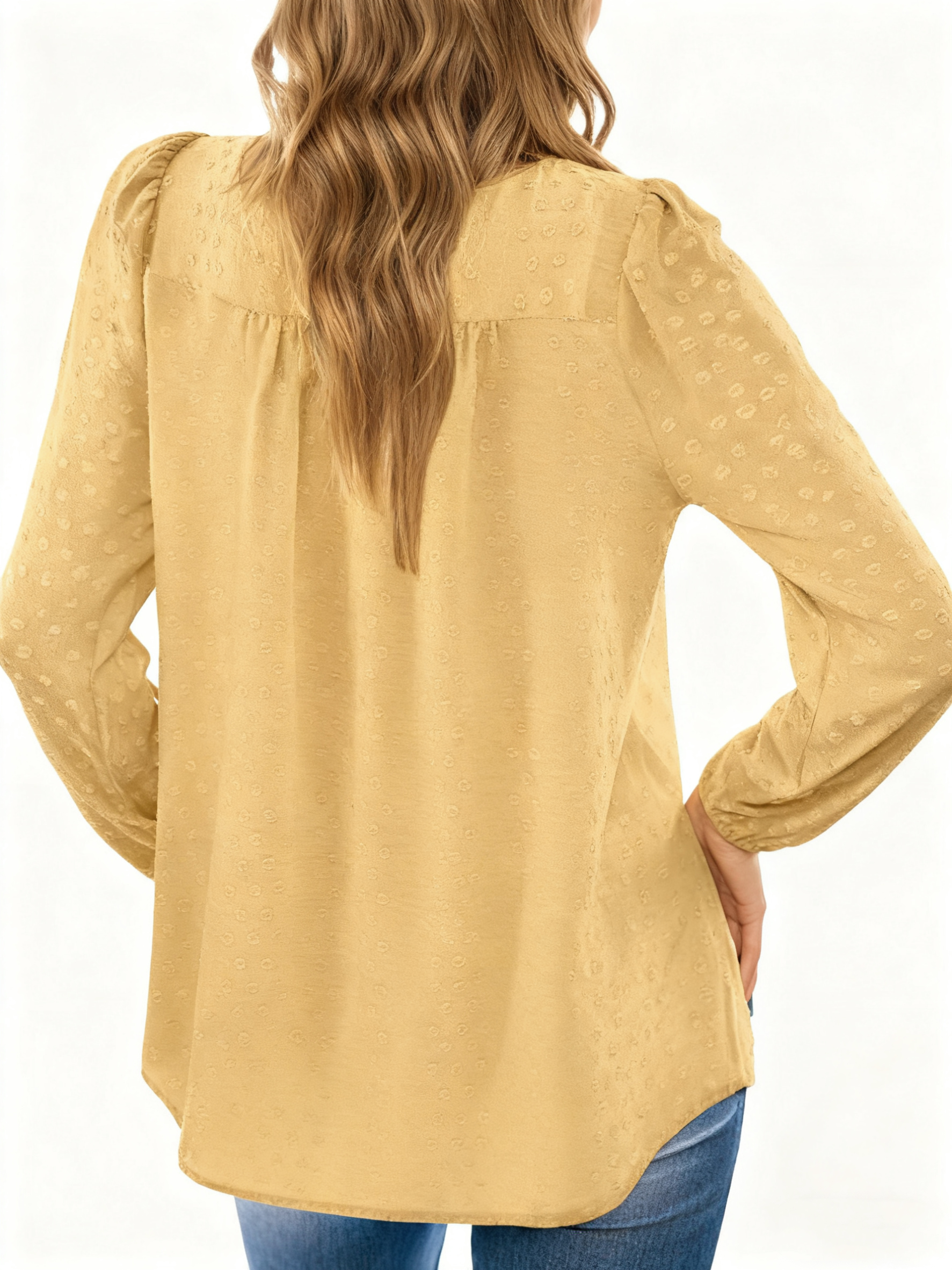 UVN Women's Fall Lace Crochet Crew Neck Blouse, Yellow photo 4