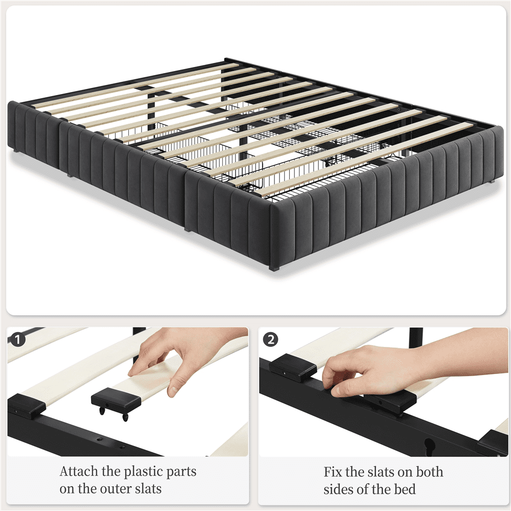 Fullfurnique Upholstered Platform Bed Frame with Three Storage Drawers, Full, Dark Gray