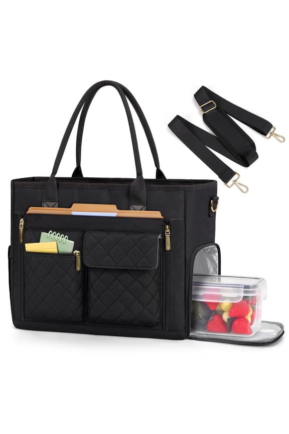 Teacher Tote Bag with Insulated Lunch Compartment Lightweight 15.6 inch Laptop Bag for Women Work Bags Nurse Tote Bags,Black