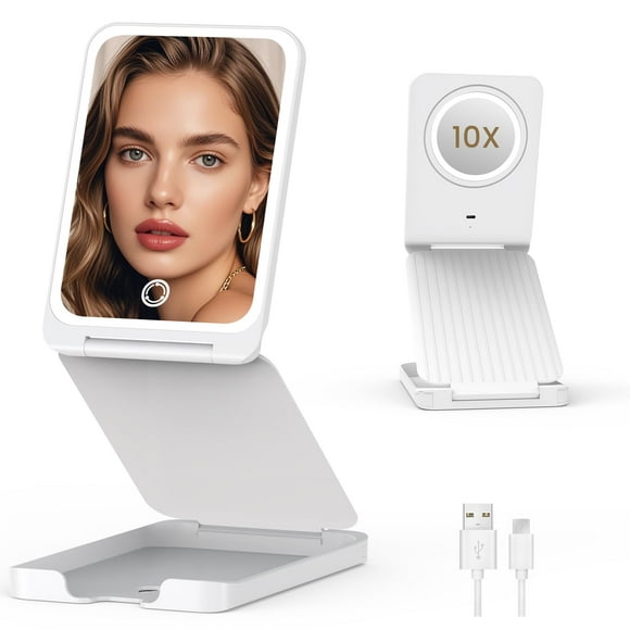 LAMPICK Travel Makeup Mirror with Lights, Foldable 1X Vanity Lighted Mirror with 10X Magnification, Rechargeable 1500mAh Battery, Dimmable Touch Screen, Fr