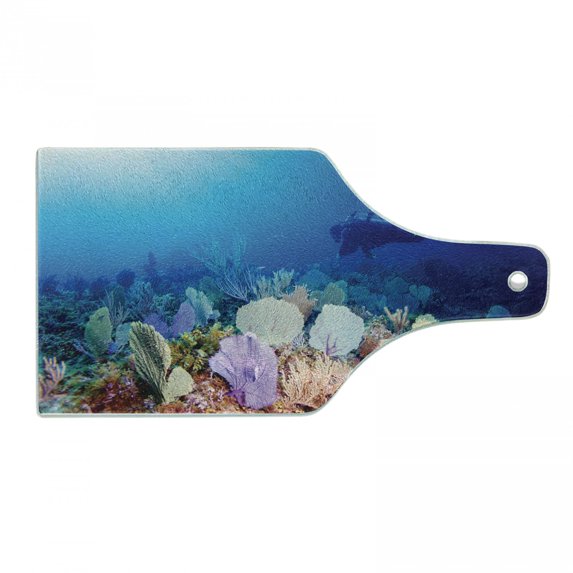 Diver Cutting Board, Young Man Floating Swiftly in Sea Plantation Colorful Coral Reefs Underwater Life, Decorative Tempered Glass Cutting and Serving Board, in 3 Sizes, by Ambesonne