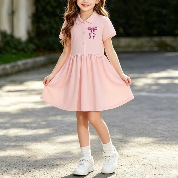 DJDLJWCJ Toddler Girls School Uniform Dress 1-8 Solid Color Button polo Dress Stretch Soft Summer Casual Sleeveless Dress Pink Size 5T