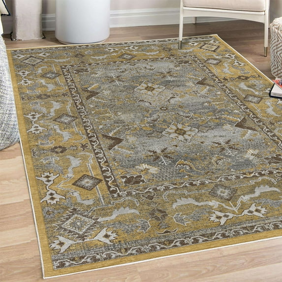 Ethnic Decorative Rug, Geometric Style Triangles and Squares Tribal Design of Shapes Leaves Art, Quality Carpet for Bedroom Dorm and Living Room, 6 Sizes, Earth Yellow Dimgray, by Ambesonne