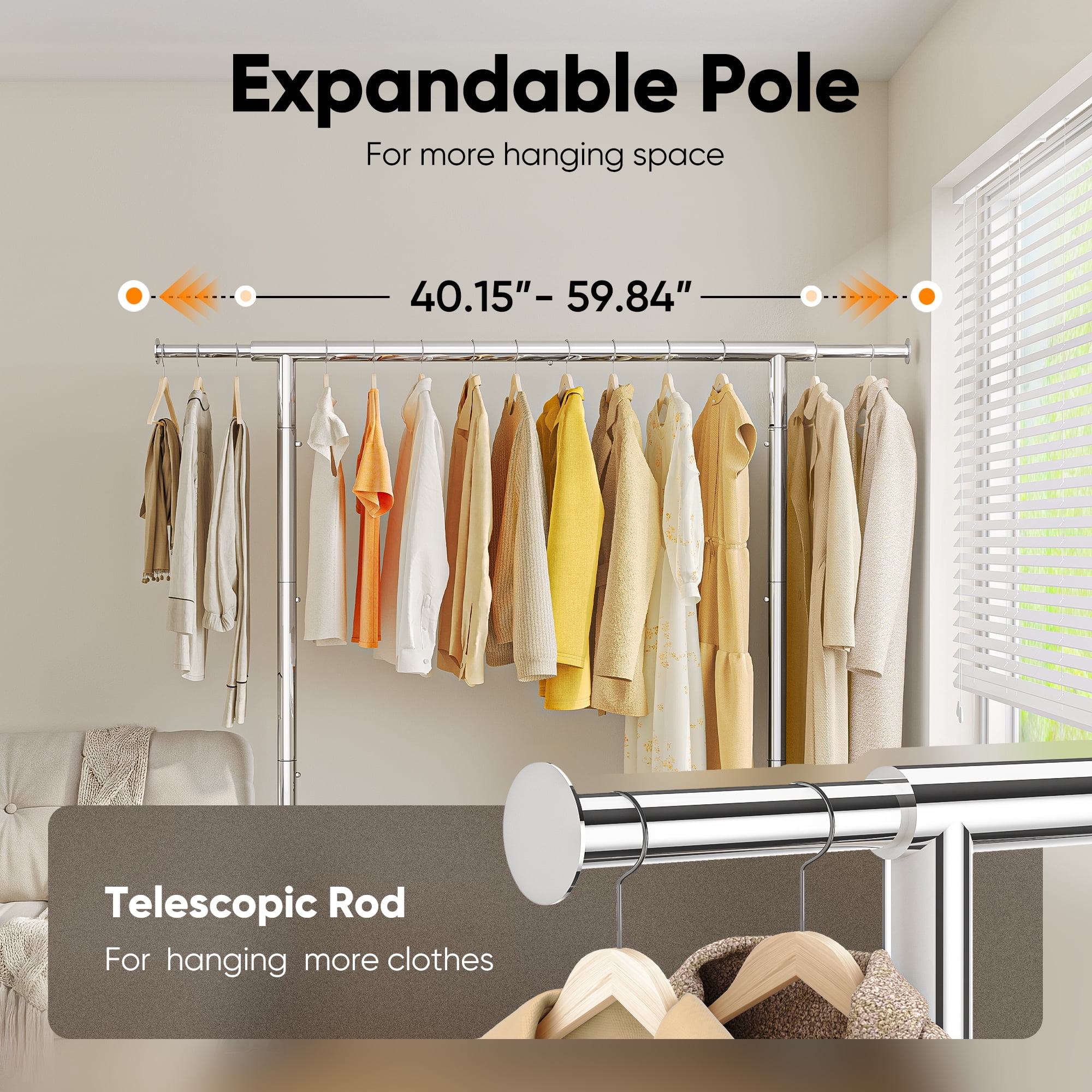 HOKEEPER Heavy Duty Clothing Rack with Shelves 300 lbs Capacity, Commercial Grade Rolling Garment Rack with Wheels, Compact Steel Clothes Rack for Small Spaces, Silver