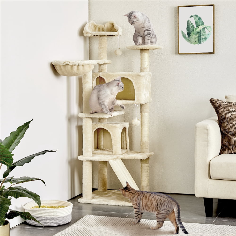 Yaheetech 57.5''H Cat Tree Tower Cat Tree with 2 Condos, Scratching Posts, Ramp,Beige