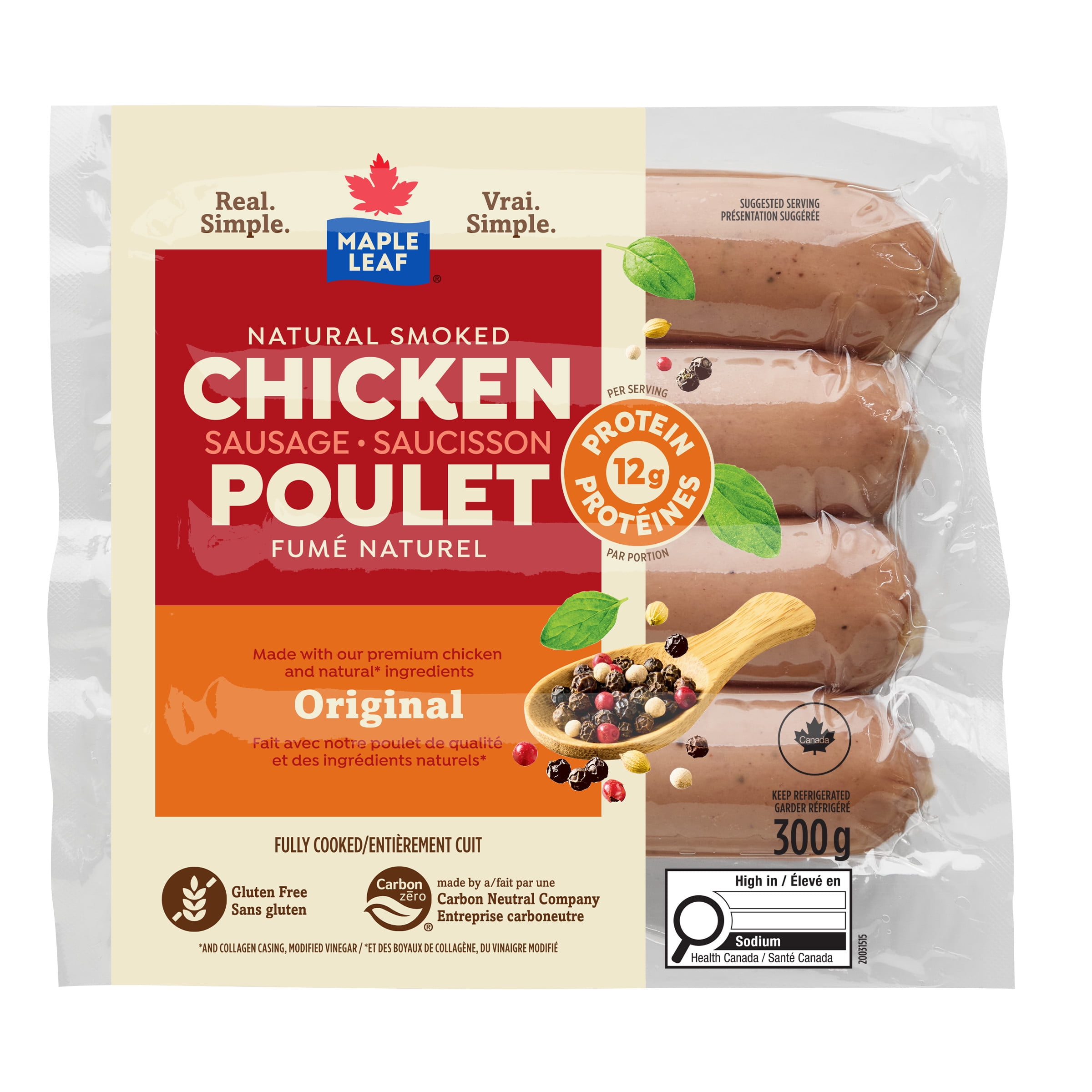 Maple Leaf Saucisson de poulet fumé naturel original 300 g