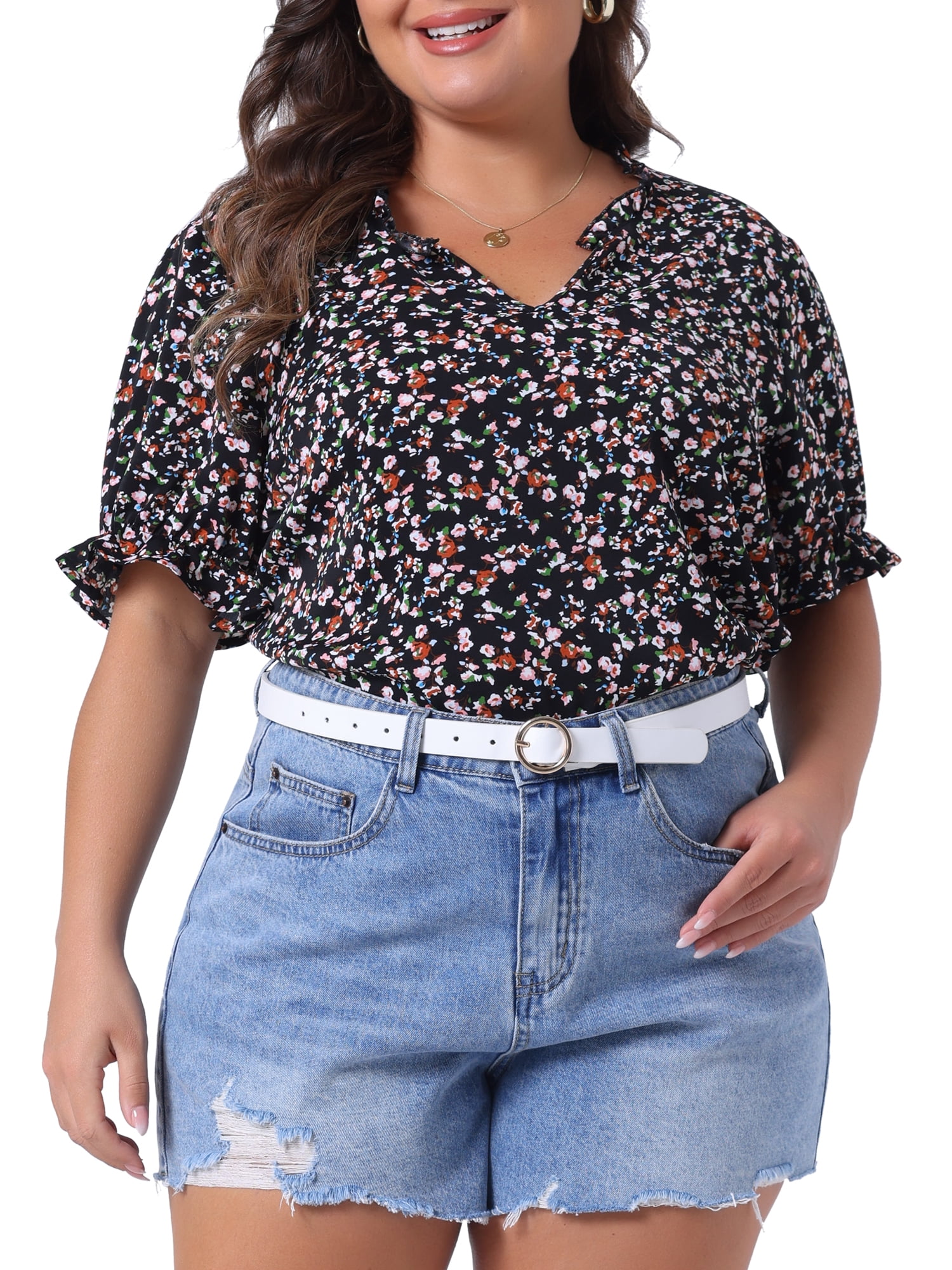DARING DIVA Women's Plus Summer Tops Floral V Neck Ruffle Puff  Casual Blouse Top 5X Black