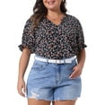 thumbnail image 2 of DARING DIVA Women's Plus Floral V Neck Ruffle Puff Short Sleeve Blouse 4X Black, 2 of 6