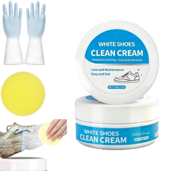 White Shoes Clean Cream, Multipurpose Gentle No-Rinse Shoe Cleaner & Whitening Cream, Waterless Cleaning Crea𝐦 for White Shoes with Sponge, For Leather Sneakers Soles