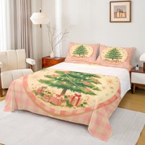 Manfei Kawaii Dreamy Tree Twin Sheet Sets, Winter Christmas Twin Fitted Sheet, Vintage Pink Plaid Flat Sheet, Breathable Home Decor, 3pcs