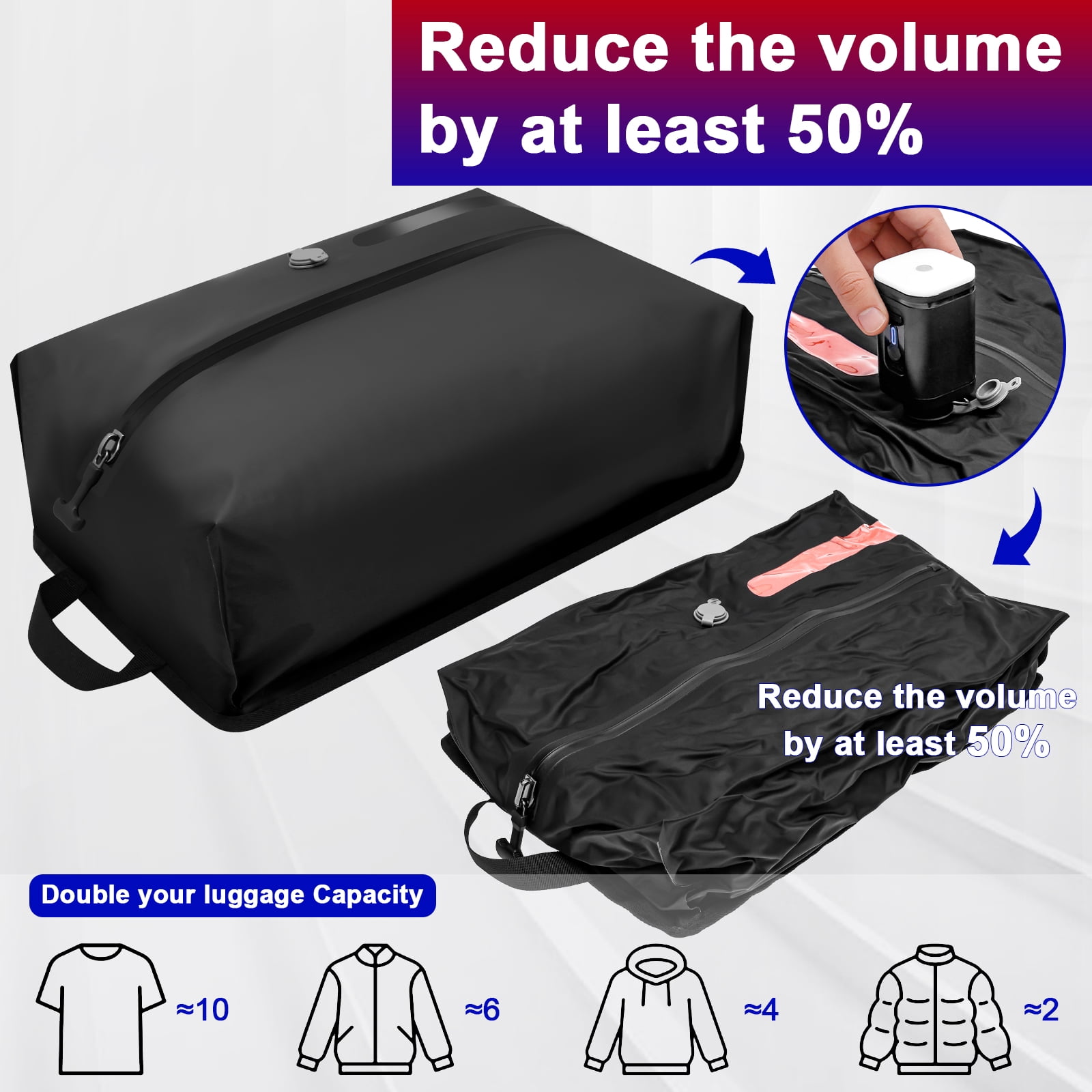 Vacuum Seal Bag for Traveling with Rechargeable Pump 17L Compression Packing Cube for Carry On Suitcase and Backpack Reusable IP67 Waterproof Vacuum Storage Bag 2 Pack