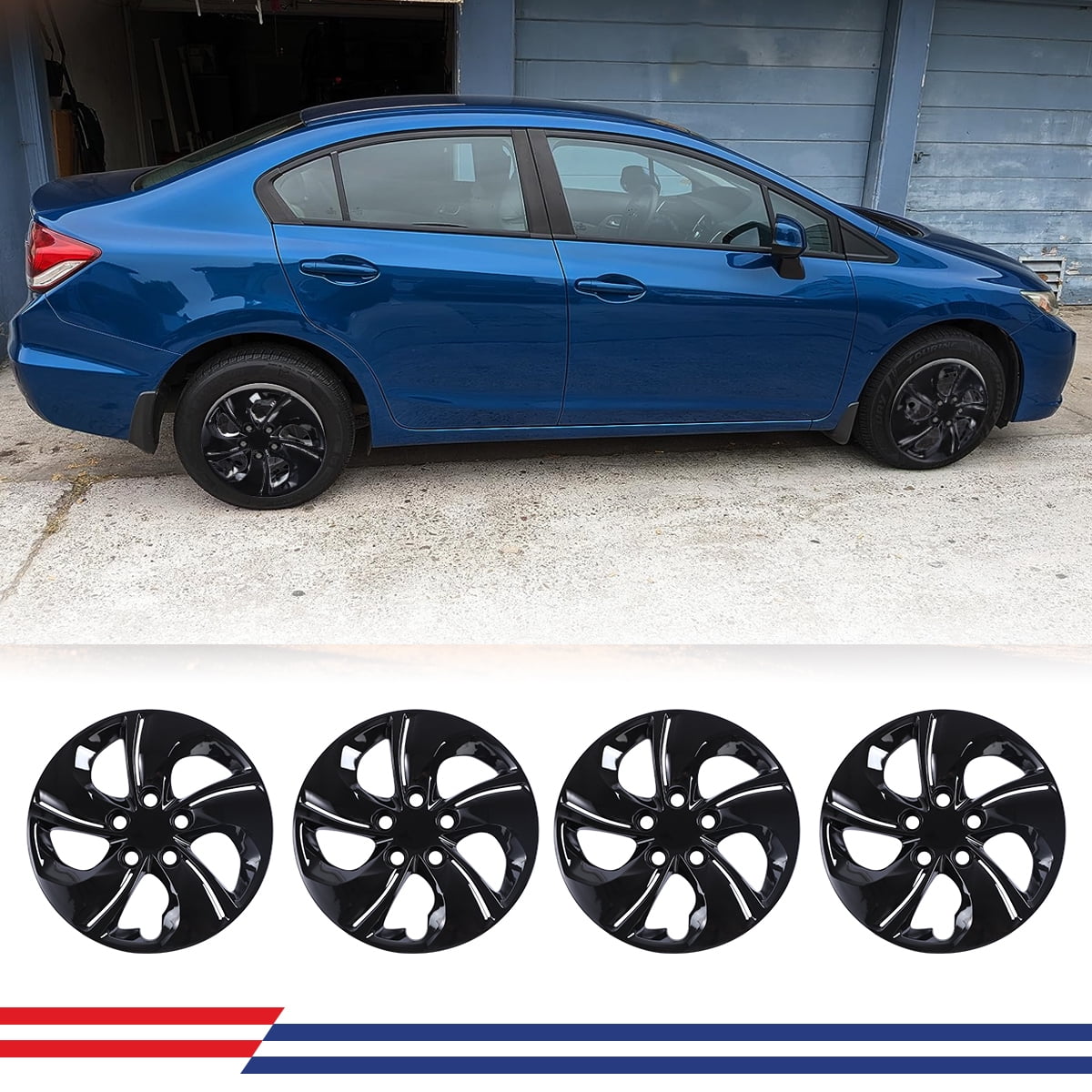 15" Set of 4 Hubcaps Wheel Rims Cover for 2013-2015 Honda Civic Sedan,2013 Honda Civic Coupe,Compatible With Steel Wheels Bolt on Installation(Black Lacquer)