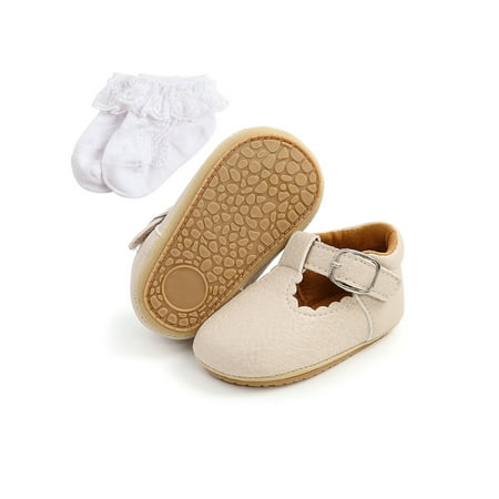 

Lacyhop Toddler Boys Girls Crib Shoes Rubber Sole Loafers First Walker Walking Shoe Daily Cute Moccasin Lightweight Magic Tape Flats Beige With Socks 5C