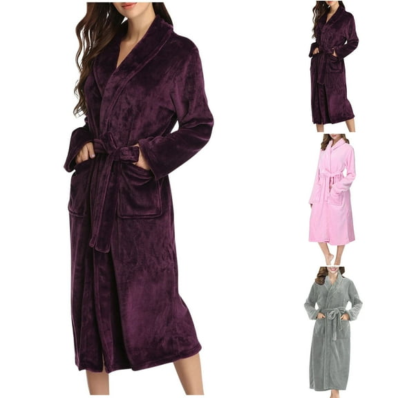 Antinious Women Cozy Solid Flannel Notched Collar Robe Loose Pockets Warm Sleepwear Robe with Belt,Robes for Women,Women Pajamas Bathrobes,Gray,L