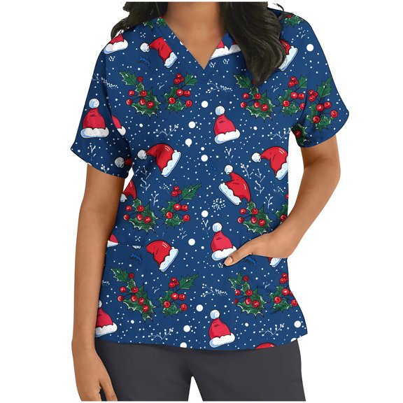 Xfvqtps Christmas Scrub Tops for Women Soft V-Neck Scrubs Comfortable Nursing Uniforms Christmas Printed Short Sleeve Top Protective Clothing Working Uniforms with Pockets Blue