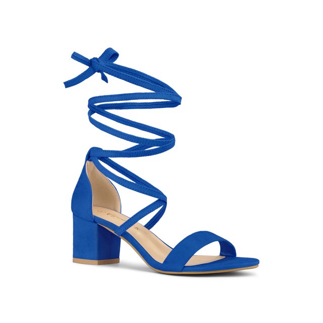 BLISSFUL STEP Women's Open Toe Lace up Sandals Mid Block Heels Sandals Royal Blue 7