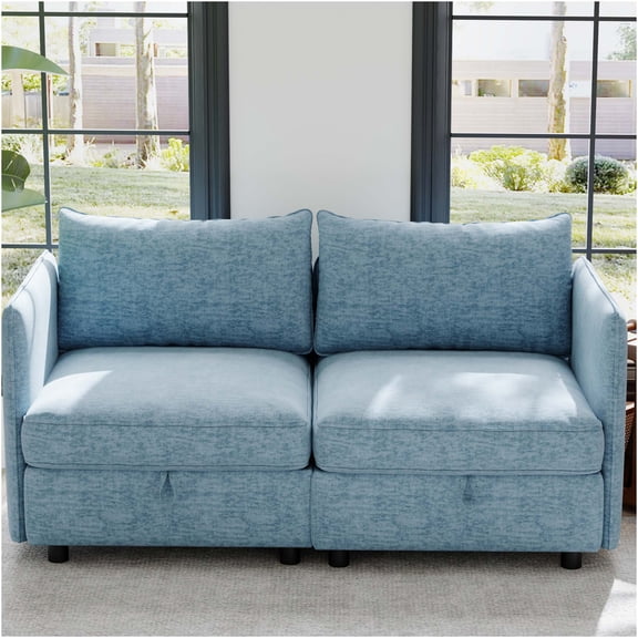JERFIT Modern Loveseat Sofa with Storage, 2-Seater Chenille Couch for Small Space, Mid-Century Design, Living Room, Bedroom, Dorm, Antique Blue
