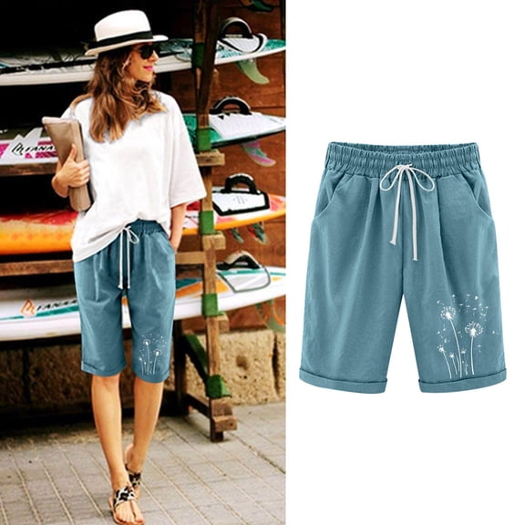 PNTUTB Summer Women's Fashion Print Cotton-Linen Blend Elastic Waist Drawstring Pockets Casual Loose Shorts