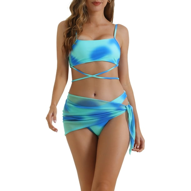 Bañadores de bikini de 3 piezas con tirantes ajustables para mujer, parte inferior triangular con falda de malla, azul medio