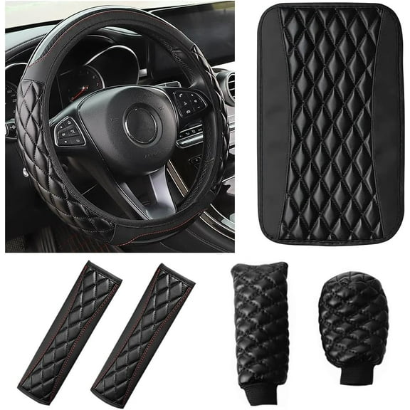 Car Accessories Set, Leather Vehicle Steering Wheel Seat Belt Shoulder Cover, Anti-Slip Automotive Interior Armrest Pad Start Button Protector, Universal for SUV, Sedan, Truck (Black)