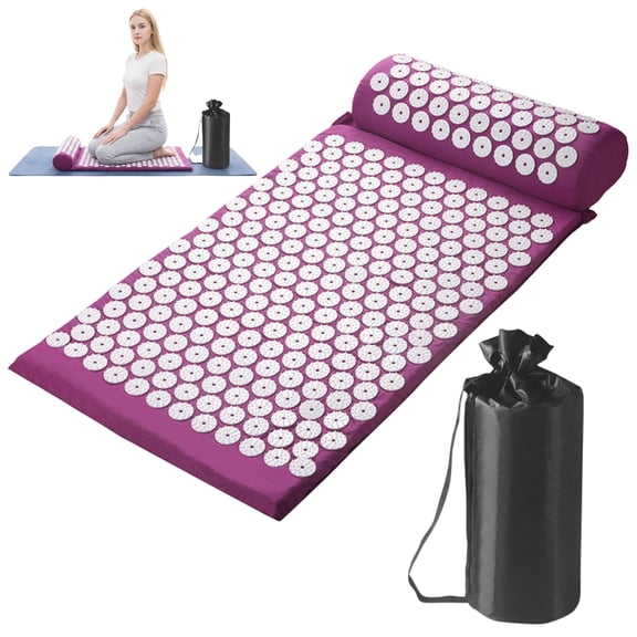 Acupressure Mat and Pillow Set ABS Spike Points 16D Foam 25.6 x 16.1 in with Carry Bag, Purple