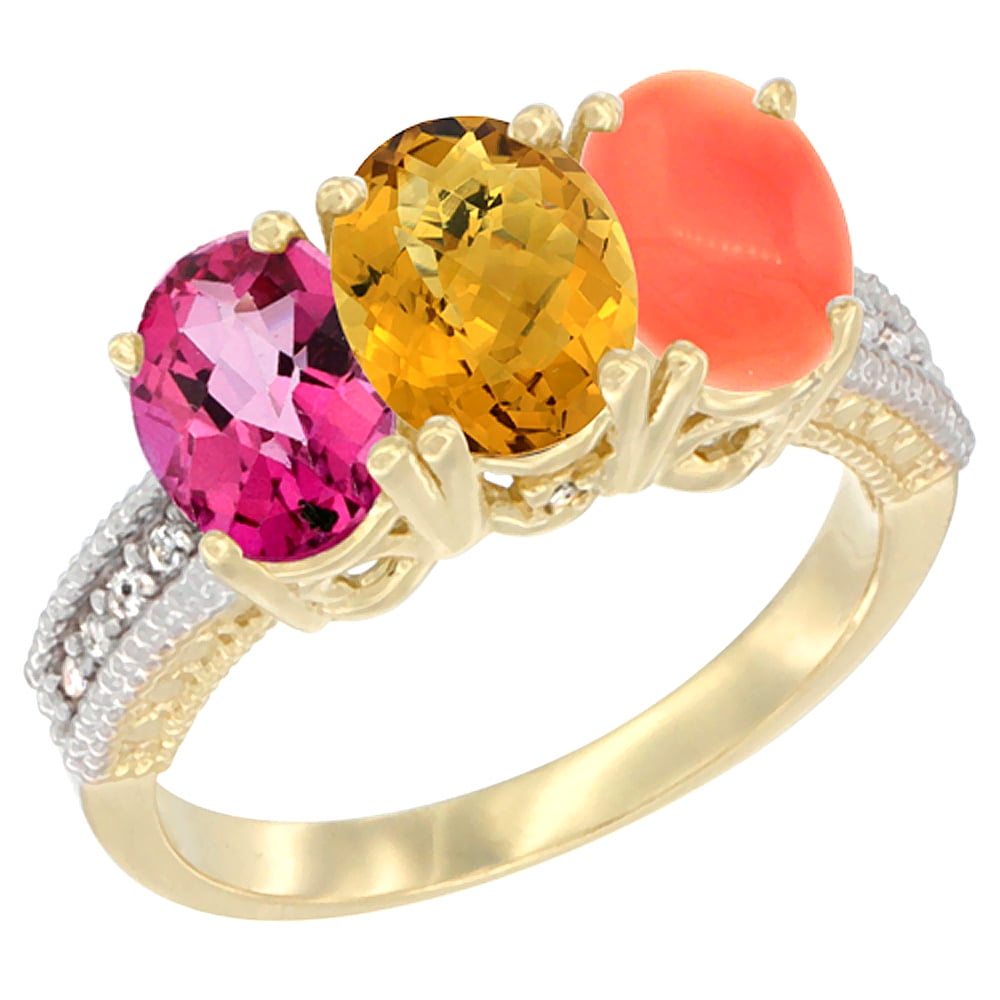14K Yellow Gold Natural Pink Topaz, Whisky Quartz & Coral Ring 3-Stone 7x5 mm Oval Diamond Accent, sizes 5 10 by WorldJewels