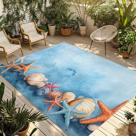 Fsddascl Ocean Coastal Outdoor Rug for Patio/Deck/Porch, Non-Slip Large Area Rug 4 x 6 Ft, Vintage Blue Watercolor Starfish Shell Indoor Outdoor Rugs Washable Area Rugs, Camping Rug Carpet