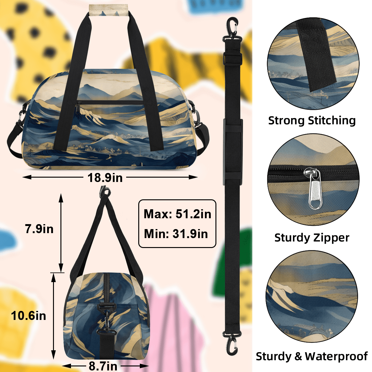 Herdesigns Sports Duffle Bags Travel Duffle Bag Gym Bag Mountains Weekender Travel Bag Waterproof Overnight Bag Carry On Travel Tote Bag Dance Bags